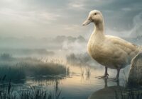 A large white duck stands in a misty wetland at sunrise near a stone etched with "VOW".