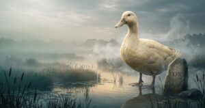 A large white duck stands in a misty wetland at sunrise near a stone etched with "VOW".