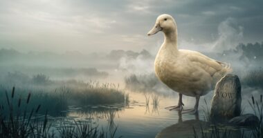 A large white duck stands in a misty wetland at sunrise near a stone etched with "VOW".