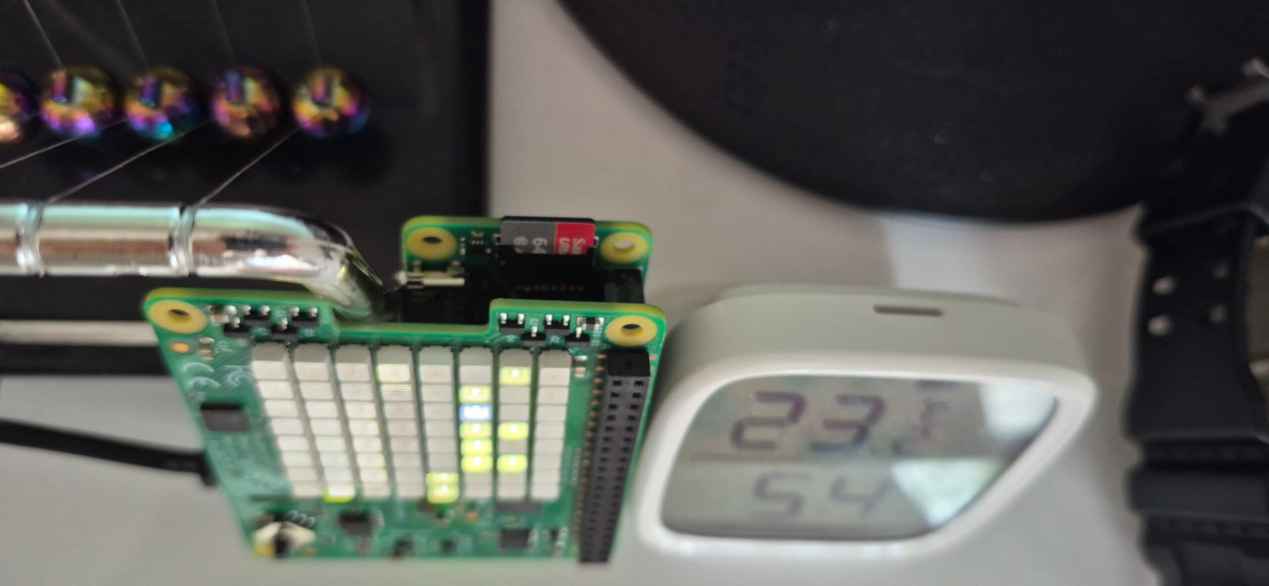 Raspberry Pi Zero 2W coupled with Raspberry Pi Sense HAT v2. 