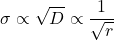 \[\sigma \propto \sqrt{D} \propto \frac{1}{\sqrt{r}}\]